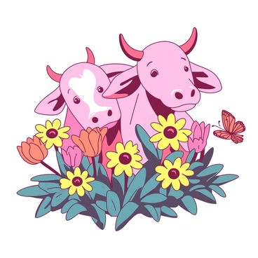 A pink two-headed calf is playfully hiding behind a cluster of vibrant flowers in a garden. The flowers include a mix of yellow daisies and orange tulips, creating a lively and colorful scene. One head of the calf peeks out from behind the blossoms while the other head is tilted curiously towards a nearby butterfly. Sunlight filters through the leaves, casting gentle shadows on the ground, enhancing the cheerful atmosphere of the garden.