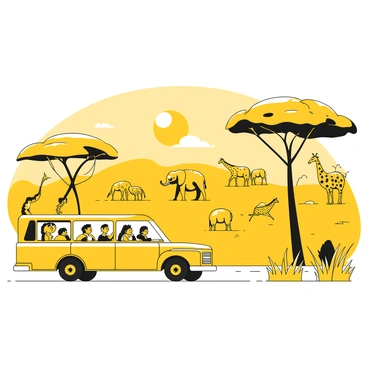 A yellow safari bus is driving through an expansive African savanna landscape. The bus is filled with passengers who are eagerly looking out the windows. Some passengers are pointing and taking pictures. In the background, there are various wild animals such as a herd of elephants grazing, a group of zebras standing together, and a few giraffes near some acacia trees. The sun is shining brightly over the scene, and the tall grasses of the savanna sway gently in the breeze.