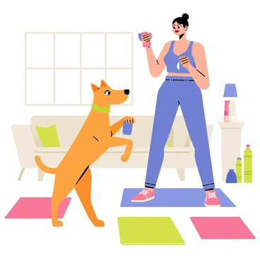 A playful pet dog with a glossy brown coat is standing on its hind legs, mimicking its owner. The owner is a person dressed in a bright blue workout outfit, lifting small blue and pink toy weights in each hand. The dog has its front paws raised, mimicking the bicep curl movement. Both the dog and the owner are in a well-lit living room with colorful exercise mats on the floor. A playful expression is visible on the dog's face, while the owner looks amused. There are some fitness accessories, like a water bottle and a yoga mat, scattered around the room.
