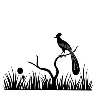 A lyrebird perched on a branch with its long, elegant tail feathers cascading down. The scene captures the bird's feathers in intricate detail. Below, the grass is covered with glistening dew droplets, reflecting the early morning light. In the background, a few trees are silhouetted against the soft horizon. The atmosphere is tranquil, conveying the start of a new day.