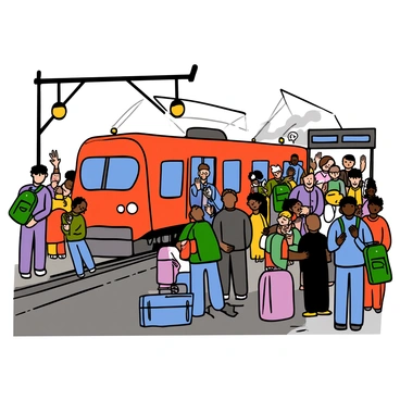 A bustling train station platform filled with a diverse group of people. There are a few light-skinned passengers and some dark-skinned passengers standing near the edge of the platform, waiting for the train. A bright red train is arriving, with its doors open and a conductor standing at the entrance. Some passengers are carrying colorful backpacks and suitcases, while others are checking their watches. The atmosphere is lively, with a mixture of anticipation and excitement among the crowd. Bright overhead lights illuminate the scene, enhancing the busy environment.