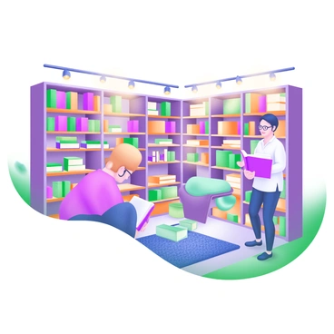 A cozy bookstore with wooden shelves stacked full of colorful books. People of different ages are browsing through the aisles. One person is kneeling to examine a book on a lower shelf, while another is standing and flipping through the pages of a large novel. A comfortable reading nook with soft cushions and a small table is visible in one corner. Warm light emanates from overhead lamps, casting a welcoming glow throughout the space. The floor is covered with a patterned rug, adding to the inviting atmosphere.