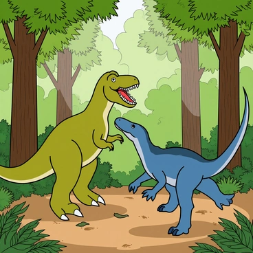 Two dinosaurs are locked in a fierce battle in a vibrant, dense forest. One dinosaur is a large, green Tyrannosaurus rex with sharp teeth and a muscular build, roaring loudly as it stands its ground. The other is a swift, blue Velociraptor with pointed claws, poised to attack. Surrounding them are tall trees with lush green leaves and thick trunks, creating a rich backdrop. Sunlight peeks through the foliage, casting dappled shadows on the forest floor covered with fallen leaves and ferns. The ground is slightly disturbed, with signs of their struggle evident in the scattered twigs and dirt.
