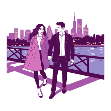 A couple is walking hand in hand across London Bridge. The woman is wearing a stylish coat and her hair is flowing in the evening breeze. The man is in a smart jacket, looking at his partner with a smile. In the background, the city lights are glowing, illuminating the skyline with bright reflections on the water below. The atmosphere is filled with a sense of warmth and togetherness as the sun sets, casting a gentle light over the scene.