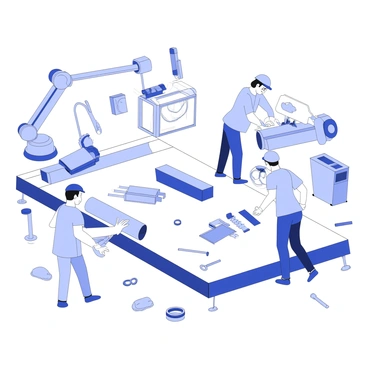 Workers are assembling products on a factory floor. There are various machines in motion, including conveyor belts and robotic arms. A worker in the foreground is focused on attaching parts to a product, while another worker is checking the quality of completed items. Various tools are scattered across the workspace, and safety equipment is visible, including goggles and helmets. The factory environment has a high ceiling with overhead lights casting shadows on the floor.