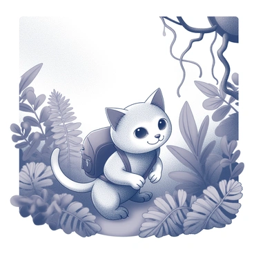 A small cat with distinct features is seen wearing a tiny backpack. The cat is positioned within a dense jungle, surrounded by various plant life. Large, broad leaves and intricate ferns fill the scene, creating a rich texture. Vines hang from tree branches overhead, adding to the layered ambiance of the environment. The cat appears to be cautiously peering around, taking in the lush surroundings. "Exploring the jungle" is inscribed nearby, capturing the essence of the adventure.