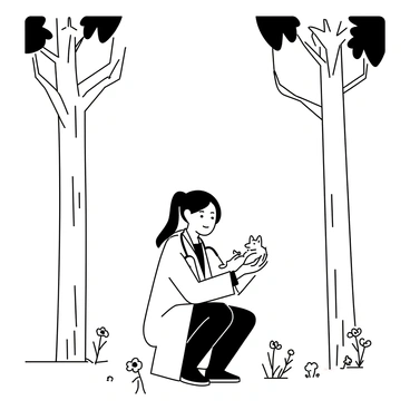 A doctor wearing a white coat and a stethoscope around their neck is standing in a forest. The trees are tall and have twisted trunks, with large leaves above. The doctor is examining a small animal in their hands, crouching down on one knee. There are various plants and flowers surrounding them, adding detail to the forest floor. A gentle breeze is causing the leaves to rustle, while birds can be seen perched on branches above. The doctor has a focused expression, showcasing their dedication to helping the creature.