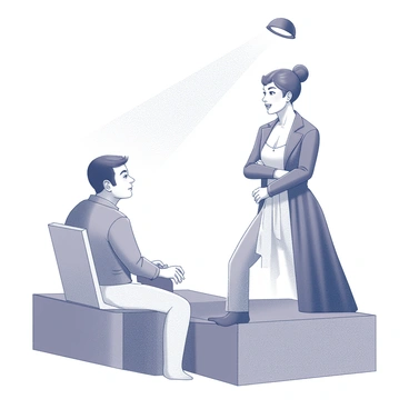 A stage performer stands under a spotlight, wearing a dramatic costume that emphasizes their character's emotions. The performer has an expressive face, capturing a moment of intense connection. Their eyes are locked with a specific audience member, who is seated in the foreground, visibly engaged with the performance. The audience member has a look of intrigue, reflecting the impact of the scene. The stage is set with minimal props, enhancing the focus on the interaction between the performer and the audience.