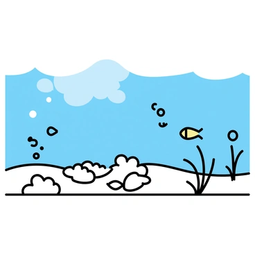 A minimalistic drawing of an underwater scene, showcasing a scallop farm. The farm features several scallop shells, arranged in neat rows on the ocean floor. Surrounding the shells, small fish swim gracefully, and a few seaweed strands sway gently with the water currents. Bubbles rise from the seabed, adding a touch of movement to the tranquil environment. Sunlight filters through the water, creating soft patterns on the sandy bottom.