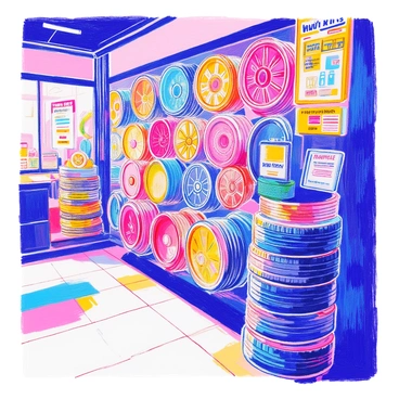 A vibrant tire shop display features an array of colorful car wheels stacked neatly in the background. The wheels showcase a variety of colors, including bright red, blue, yellow, and green, each with unique designs and patterns. In the foreground, there are several tire racks holding additional tires with different treads and sizes. The shop floor is clean and well-lit, enhancing the vibrant colors of the wheels. Small signage with price tags and promotional offers is visible, adding to the lively atmosphere of the tire shop.