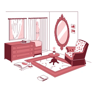 A room with vintage furniture is filled with various pieces including a wooden chest of drawers, a floral-patterned armchair, and a small round table. In the center of the room, there is a large, ornate mirror hanging on the wall, reflecting the light coming from a nearby window. The floor is covered with a patterned rug that complements the vintage aesthetic. Soft drapes frame the window, and a few books are stacked on the table, adding to the cozy atmosphere of the space.