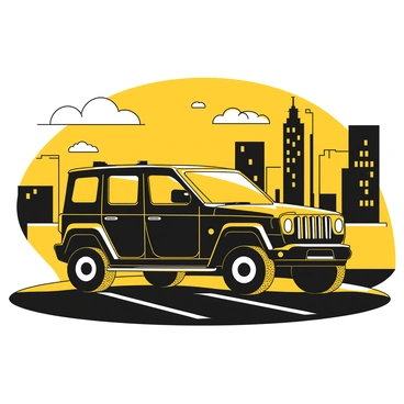 A black G-Wagon parked on a rooftop parking lot, overlooking a city skyline at dusk. The vehicle features prominent angular lines and a distinctive shape. The cityscape in the background includes tall skyscrapers with illuminated windows, creating a contrast against the darkening sky. The setting sun casts shadows and highlights on the G-Wagon, emphasizing its bold design. A few scattered clouds in the sky hint at the transition from day to night.