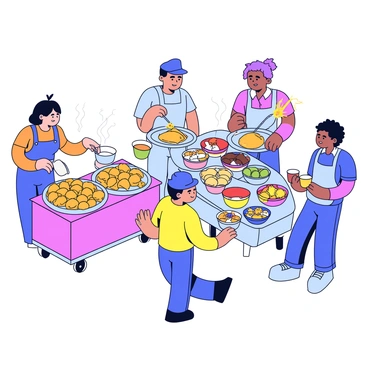 A bustling street food scene in Pune with multiple vendors actively preparing and serving food. One vendor is frying crispy samosas in hot oil, the golden pastries bubbling as they cook. Another vendor is skillfully making fresh dosas on a large griddle, the savory crepes sizzling as they are flipped. There are colorful bowls filled with various chutneys and toppings arranged on a cart next to a vendor who is assembling pani puri. Nearby, a vendor is pouring masala chai into small cups, steam rising from the hot tea. The scene is vibrant with the interaction of people enjoying the food and the lively atmosphere of the street.