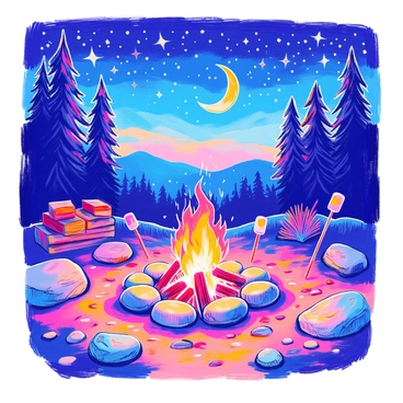A cozy campfire scene is set in the foreground, featuring a circle of smooth, rounded stones surrounding the flames. The fire emits a warm glow that casts flickering shadows on the ground. In the background, a starry night sky is filled with countless twinkling stars and a crescent moon. Silhouettes of tall pine trees rise on either side of the scene, framing the campfire. A few pieces of firewood are stacked nearby, and a pair of marshmallows on sticks are held above the flames. The t-shirt showcases this vibrant depiction in a central placement.