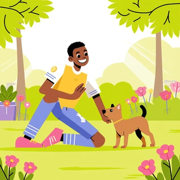 Kylian Mbappé, a young male football player, is kneeling in a vibrant green garden filled with colorful flowers. He has a big smile on his face as he interacts playfully with his small brown dog. The dog is jumping excitedly, its tail wagging energetically. Sunlight filters through the leaves of nearby trees, creating a warm and cheerful atmosphere around them. In the background, there are a few garden decorations, adding charm to the scene.