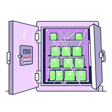 An intricate laser security system is installed inside a high-security vault. The vault features thick metallic walls with a heavy door that is slightly ajar. Various beams of purple laser light crisscross the interior, creating a complex mesh that is visible in the dim light. Some laser beams are angled downward, while others are positioned horizontally, forming a challenging maze. In the center of the vault, there are shelves lined with stacks of green security boxes. A control panel is located on the wall, boasting blinking lights and buttons. The floor is polished and reflects the beams of light, adding to the overall complexity of the scene.