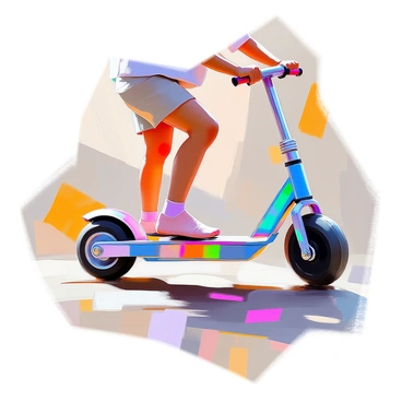 A child's small foot with pink socks, pressing down firmly on the rear brake of a colorful scooter. The scooter has a bright blue frame and black wheels, positioned on a smooth concrete surface. The foot is positioned at a slight angle, showcasing the child's tiny toes. The scene captures the moment of action, with the brake mechanism visible, demonstrating the child's engagement with riding the scooter. Sunlight casts a gentle shadow underneath the scooter, highlighting the textures of the concrete.