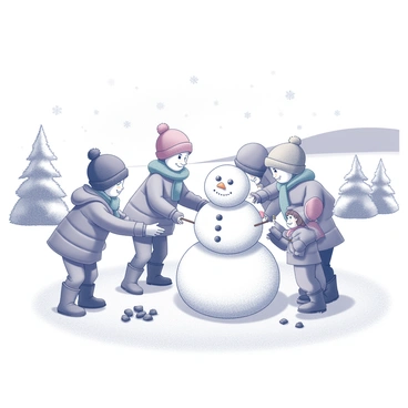 Several children are engaged in the activity of building a snowman in a snowy winter landscape. The children are wearing winter clothing, including colorful hats, scarves, and gloves. They are happily rolling large snowballs to form the snowman's body. Nearby, a smaller child is placing a carrot as the snowman's nose, while another child is carefully adding coal pieces for the eyes. Fluffy snowflakes are gently falling from the sky, and the ground is covered with a thick layer of snow, creating a picturesque winter scene. In the background, there are frosted trees and a distant hill.