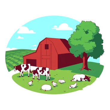 A serene landscape features a red barn standing prominently on the farm. In front of the barn, several cows are grazing peacefully on the lush green grass. There are chickens pecking at the ground nearby, and a few sheep can be seen resting in the shade of a large tree. The fields of crops stretch out in rows to the left and right of the barn, showing vibrant green plants sprouting from the earth. Above, the clear blue sky is dotted with a few fluffy white clouds, adding to the tranquil atmosphere of the scene.