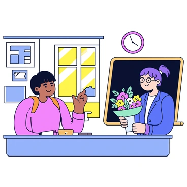 A student holding a colorful bouquet of flowers is standing in front of a teacher. The student has short hair and wears a backpack. The teacher is smiling and has glasses, with their hair tied back. The classroom is decorated with educational posters on the walls, and there is a blackboard behind them. The sunlight is streaming through a window, casting a warm glow in the room.