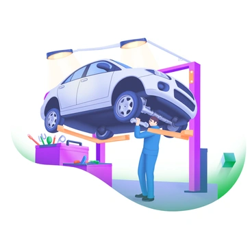 A mechanic is positioned under a car that is elevated on a lift. The mechanic, wearing a blue uniform, is focused on repairing the vehicle, holding a wrench in one hand. Various tools are scattered around on a nearby workbench, including screwdrivers, pliers, and a toolbox. The underside of the car is visible, showcasing parts such as the exhaust system and engine components. Bright overhead lights illuminate the workspace, casting shadows on the floor.