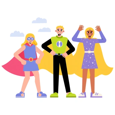 A group of three kids dressed as superheroes stands confidently, each wearing a unique and colorful costume. The first kid, a girl, has a bright red cape and a shiny blue dress, with a mask that covers her eyes. The second child, a boy, sports a green and black costume with a flowing cape, striking a powerful pose with his fists on his hips. The third kid, another girl, wears a sparkly purple dress paired with a gold cape, holding her hands in a dynamic gesture as if ready to take flight. The backdrop is a simple blue sky, enhancing the heroic atmosphere of the scene.