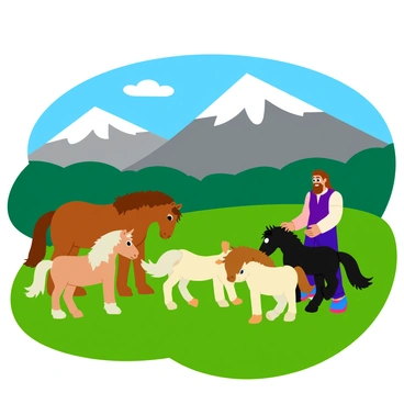 Beorn, a tall figure with long hair and a beard, is tending to several ponies in a lush green pasture. The ponies are a mix of colors, including a chestnut brown, a creamy white, and a jet black. They graze peacefully on the vibrant grass under the clear blue sky. In the background, there are majestic mountains with rocky peaks dusted with patches of snow, creating a stunning contrast with the greenery. Beorn is gently stroking the neck of a pony while others play and frolic nearby. The scene is lively and full of color, capturing the essence of a warm, sunny day.