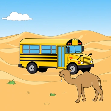 A vibrant yellow school bus with playful details, featuring large windows and a smiling front bumper, is making its way across a vast desert landscape. Surrounding the bus are rolling sand dunes, their golden grains shimmering under the bright sun. In the foreground, two camels with light brown fur are standing, one is chewing on a piece of dry grass while the other looks curiously at the bus. The sky above is a clear blue with a few fluffy white clouds drifting lazily. The scene captures the sense of adventure and exploration in this magical desert setting.