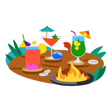 A stylish cocktail setup featuring a wooden table beside a glowing fire pit. The table is adorned with colorful cocktails, each in a uniquely shaped glass, showcasing a variety of vibrant colors like red, blue, and green. The drinks are garnished with fresh fruit slices, colorful paper umbrellas, and sprigs of mint. Soft shadows dance on the table as the warm light from the fire pit flickers, creating a cozy and inviting atmosphere. A few decorative coasters sit under the glasses, and the background features hints of greenery, enhancing the outdoor setting.