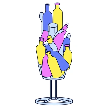 A sculpture made entirely from recycled materials, prominently featuring colorful glass bottles in various shapes and sizes. The structure stands tall, with the bottles forming an abstract design that captures light with their translucent surfaces. Intertwined within the bottle arrangement are pieces of shiny metal, adding contrast and depth to the composition. The base of the sculpture is made of a sturdy metal frame, providing stability to the creative design.