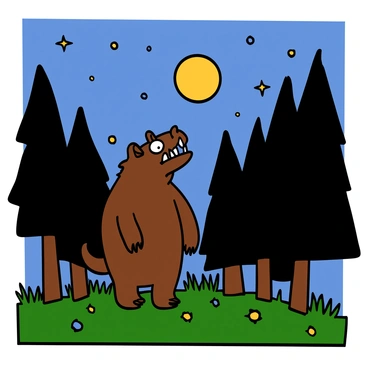 The Gruffalo, a large creature with brown fur and prominent tusks, is standing in a forest clearing. He is gazing up at a starry night sky filled with twinkling stars. A bright full moon is shining above, illuminating the scene with a silvery glow. The Gruffalo's big eyes reflect the light from the moon, creating a sense of wonder. Surrounding him are silhouettes of tall trees, their branches gently swaying in the night breeze. The ground is covered with soft grass and patches of wildflowers, adding to the serene atmosphere of the nighttime setting.