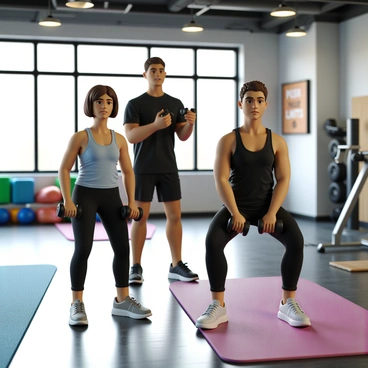 A personal trainer with short brown hair and wearing a black athletic shirt and matching shorts demonstrates bicep curls. The trainer is standing beside a client who has a light blue tank top and black leggings. The client holds a pair of dumbbells, with a focused expression while performing the exercise. The modern fitness center features large windows allowing natural light to flood the space, along with various gym equipment in the background. There are colorful exercise mats and a motivational poster on the wall displaying the phrase "Push Your Limits."