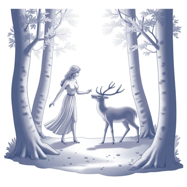 A figure representing "Artemis" stands gracefully in a woodland setting. She is depicted as a woman with long hair, wearing a flowing garment, in a dynamic pose that suggests motion towards a deer. The deer, a majestic creature with antlers, approaches her cautiously. Surrounding them are tall trees with textured bark and a variety of foliage. Sunlight filters through the branches, creating a dappled effect on the forest floor, which is covered with leaves and small plants. The atmosphere suggests a harmonious encounter between the goddess and the animal.