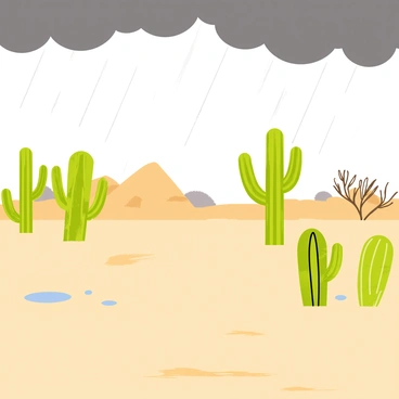 A wide view of a desert landscape during a rare moment of rain, with dark gray clouds looming overhead. The sandy ground is dotted with various tall green cacti, their spines glistening with droplets of water. Small puddles begin to form on the soil, reflecting the gray sky above. Sparse vegetation, including dry bushes and rocky outcrops, can be seen in the background, showcasing the contrast between the wet and dry areas.