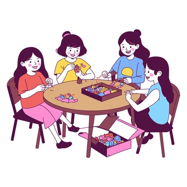 A group of four friends is sitting together at a round wooden table, each focused on creating "colorful friendship bracelets." One friend is carefully threading vibrant beads onto a string, while another is knotting a bracelet with various colored threads. The third friend is showing off a finished bracelet, displaying its intricate patterns. The fourth friend is looking through a box filled with assorted beads and charms, ready to pick out the next color combination for their own bracelet. The scene is filled with an atmosphere of joy and creativity, with each friend contributing their unique style to the colorful projects in front of them.