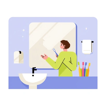 A person with short brown hair is standing in front of a foggy mirror in a bright bathroom. They are holding a blue toothbrush and applying white toothpaste. The mirror is partially covered in condensation, with water droplets visible. A white sink is in the foreground, and a colorful toothbrush holder with various toothbrushes is placed beside the sink. The walls of the bathroom are painted light blue, and there is a fluffy white towel hanging nearby.