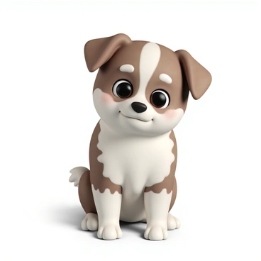 A medium-sized dog with a fluffy coat, featuring shades of brown and white. The dog has big, expressive eyes that convey a sense of shyness. Its cheeks are slightly flushed, creating a blushing effect. The dog's ears are perked up and slightly angled back, adding to its bashful demeanor. It is sitting down with its front paws close together, while its tail is curled around its body. The background is softly blurred to keep the focus on the dog's endearing expression.