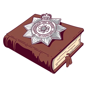 A polished silver Victorian police badge is placed on top of a brown leather-bound journal. The badge features intricate engravings, including a central emblem surrounded by ornate designs. The leather journal has a textured cover, showing signs of age with visible stitching along the spine. The badge reflects light, highlighting its shiny surface, while the journal's pages are slightly ajar, revealing hints of handwritten notes inside. The overall composition is arranged on a wooden table surface, emphasizing the historical context of the items.