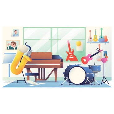 A school band room is filled with various 3D musical instruments. There is a large brass tuba positioned in one corner, while a sleek black saxophone rests on a stand nearby. A set of shiny silver cymbals is mounted on a drum kit that includes a deep blue bass drum. In the center, a wooden upright piano stands with an open lid, showcasing its white and black keys. Several colorful guitars are displayed on a wall, including a red electric guitar and a classic acoustic guitar. The walls are adorned with posters of famous musicians, and there are music sheets scattered across a nearby table. Natural light filters in through large windows, illuminating the room.