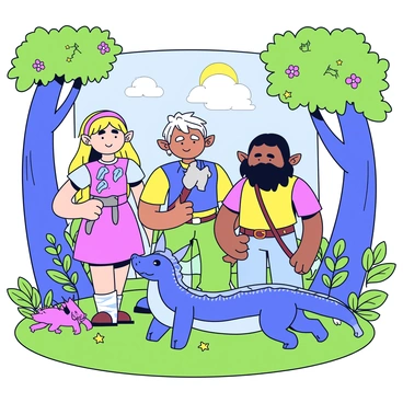 A group of fantasy creatures stands together in a lush, green forest. In the center, there is a tall, graceful elf with long, flowing hair, wearing a tunic adorned with leaves. Next to the elf is a stout dwarf holding a sturdy axe, wearing a colorful vest and a thick beard. Nearby, a small dragon with shimmering scales perches on a low branch, its wings folded neatly against its back. In the background, there are tall, ancient trees with broad trunks and vibrant, glowing flowers sprouting from the ground. Sunlight filters through the leaves, creating dappled patterns on the forest floor.