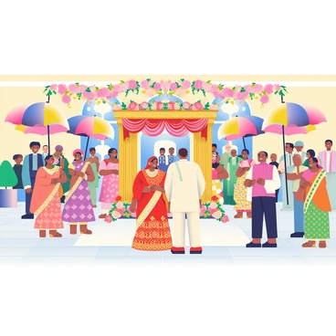 A grand royal wedding ceremony is taking place in the courtyard of Bangalore Palace. The courtyard is adorned with floral decorations and intricate drapes in rich colors. Guests are gathered, wearing traditional attire, with women dressed in vibrant sarees featuring elaborate patterns and men in elegant kurta-pajamas. In the center, a beautifully decorated mandap is set up, with golden pillars and colorful garlands. The bride, in a stunning red and gold bridal lehenga, is standing next to the groom, who is wearing a cream-colored sherwani. The guests are smiling and chatting, and there are large, colorful umbrellas providing shade. A lively atmosphere fills the scene, capturing the essence of a festive celebration.