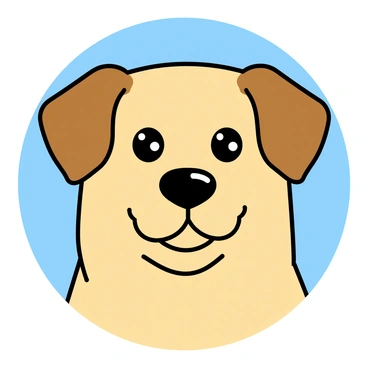 A close-up view of a dog's face with a friendly expression. The dog's fur is depicted in soft shades of brown and cream, blended seamlessly to create a smooth appearance. Its large, expressive eyes are dark and shiny, reflecting a playful spirit. The nose is round and black, sitting above a gentle smile. The dog's ears are floppy and slightly raised, adding to its charming look. A light blue background enhances the warmth of the dog's colors, creating a lively and inviting image.
