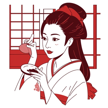 A close-up of a geisha with long black hair styled in an elegant updo. She is applying her iconic white makeup with precision using a small brush. Her delicate fingers hold a compact mirror, reflecting her focused expression. The background features ornate wooden decor typical of traditional Japanese interiors, while a soft light illuminates her face, highlighting the intricate details of her makeup process.