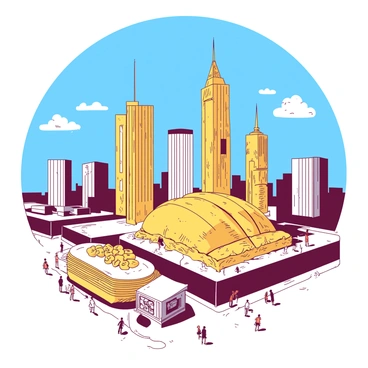 A city skyline is filled with towering skyscrapers made of various pasta shapes. There are tall penne towers, a curved fusilli building, and a wide lasagna structure at the forefront. The sky above is a bright blue, contrasting with the unique pasta architecture. Below, streets are bustling with tiny people looking up at the whimsical buildings. A few clouds drift in the sky, adding depth to the scene.