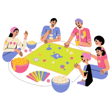 A family game night table features a joker-themed board game. The board game has a colorful, vibrant design with images of jesters and playing cards scattered across the surface. Various game pieces shaped like joker hats, cards, and dice are placed around the board. A set of colorful playing cards is fanned out next to the board. The table is surrounded by family members, each with expressions of excitement and concentration, as they engage in the game. Snacks in bowls, such as popcorn and chips, are placed on the table, enhancing the lively scene.