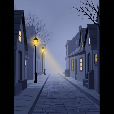 A narrow village street lined with quaint, cobblestone paths is enveloped in thick night fog. Vintage streetlamps cast a soft, eerie glow, illuminating the surrounding mist. The facades of small, charming houses with thatched roofs are partially visible through the fog, adding a sense of mystery. Dark shadows dance along the ground, and the faint outlines of trees can be seen in the background. The atmosphere is quiet, with an air of anticipation almost palpable in the hazy air.