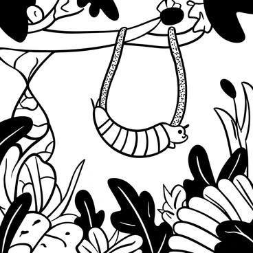 A caterpillar swinging on a thick vine amidst dense foliage in a lush jungle. The vine is coiled and hangs from a large, leafy branch, with textured leaves surrounding it. The caterpillar is bright and plump, with distinct segments along its body. Surrounding the scene are tall plants and other jungle vegetation, creating a vibrant atmosphere of nature.