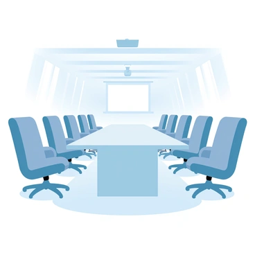 Rows of identical office chairs are arranged neatly in a spacious, empty conference room. The chairs are upholstered in a soft fabric with a muted tone. A large, polished conference table sits at the front of the room, reflecting overhead light from a modern chandelier. The walls are painted in a light pastel color, and there are large windows allowing natural light to flood the space. A projector screen is pulled down at the front, waiting for the upcoming meeting. The atmosphere is calm and organized, ready for the event to begin.