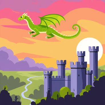 A majestic dragon with shimmering green scales and massive wings is soaring high above a medieval kingdom. The kingdom below features tall stone castles with turrets, surrounded by lush green forests and winding rivers. The sky is filled with vibrant hues of orange, pink, and purple as the sun sets on the horizon. In the foreground, the silhouettes of the castles stand out against the colorful sky, while the dragon glides gracefully, casting a large shadow over the land.