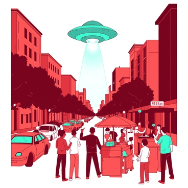 A red bustling city street is filled with people looking up in awe. In the sky above, a large teal UFO hovers, emitting bright lights that reflect off the buildings. Cars are parked along the street, and some people are taking photos with their phones while others point towards the UFO. Street vendors are momentarily pausing their business, captivated by the sight. Trees line the sidewalk, creating a vibrant atmosphere as the crowd gathers to witness the unusual event.